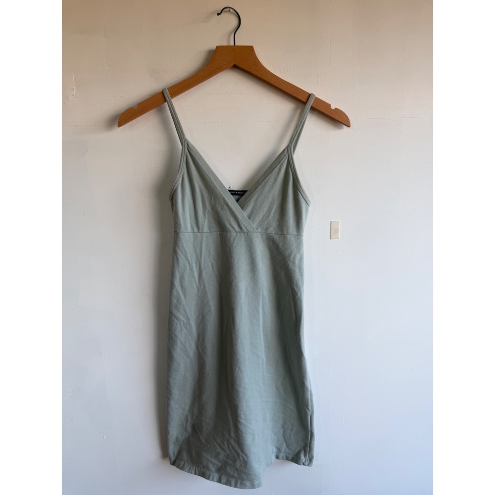 Brandy Melville Sage Green Ribbed Mini Dress V-Neck Spaghetti Strap One Size